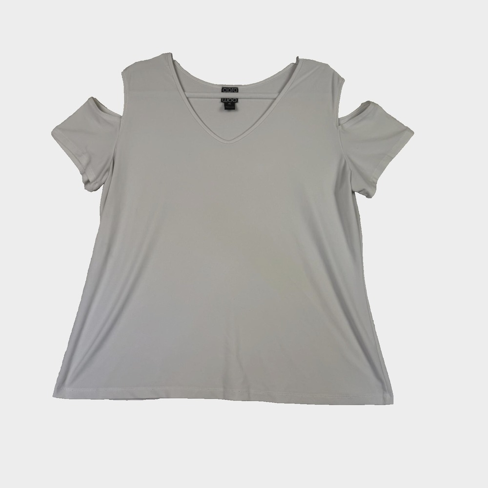 Clara Sun Woo Shirt Womens XL White Cold Shoulder Short Sleeve Stretch Top USA